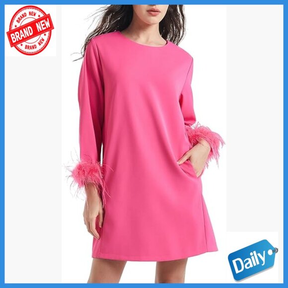 Dresses & Skirts - Feather Trim Mini Dress 3/4 Sleeves Sheath Cocktail Party Wedding Guest